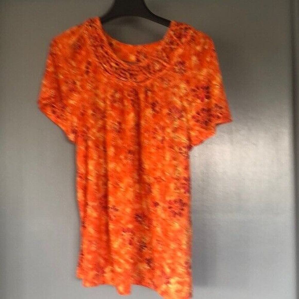 WHITE STAG top shirt blouse Large 12-14 orange multicolors floral short Sleeve